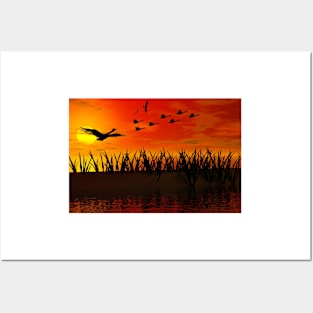 The sunset with flying ducks Posters and Art